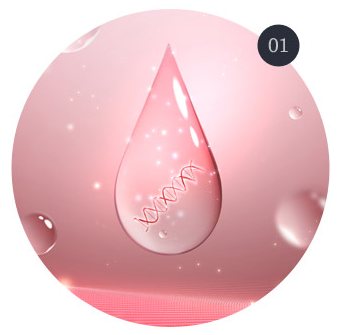분홍빛 물방울 속 DNA 무늬 3D 그림(원형, 오른쪽 위 '01' 번호 동그라미 포함)