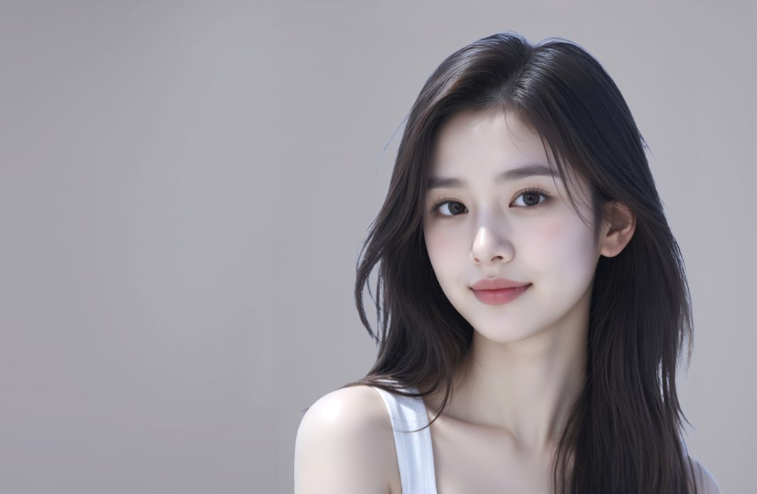 긴 생머리에 흰 민소매를 입은 여성 모델 상반신(연회색 배경, 오른쪽 글자 영역 제외)