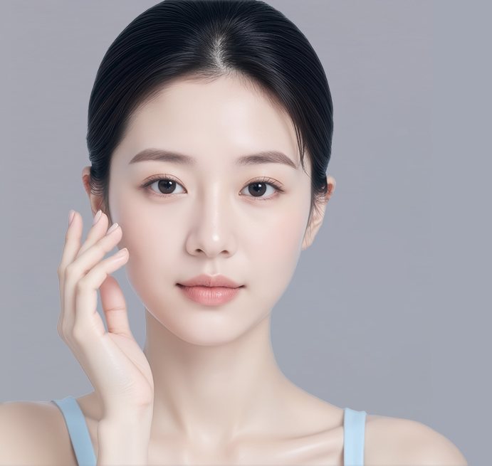 안면윤곽필러 구역 머리 여성 광고 모델(어깨 위, 볼에 손을 댄 정면 얼굴)