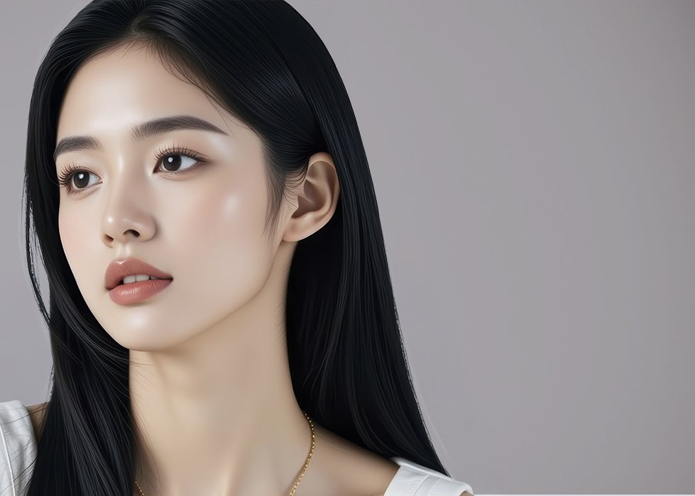 긴 생머리 여성 모델이 왼쪽 위를 바라보는 옆얼굴(흰 민소매)