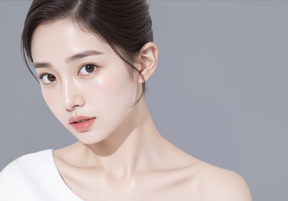 흰 오프숄더 옷을 입은 여성 모델 얼굴·어깨(회청색 배경)