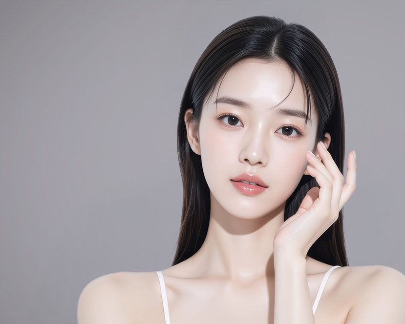 작은 얼굴 만들기 구역 머리 여성 모델(뺨에 손을 댄 정면 얼굴)